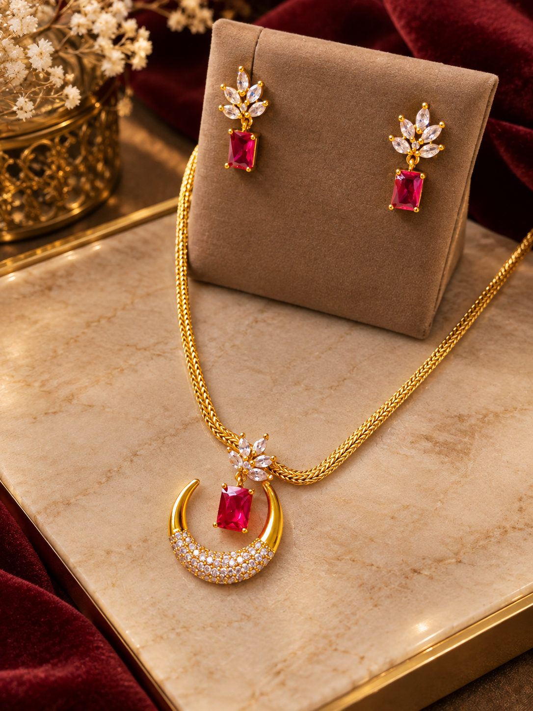 Ruby Crescent Floral Necklace Set | ADNK-12