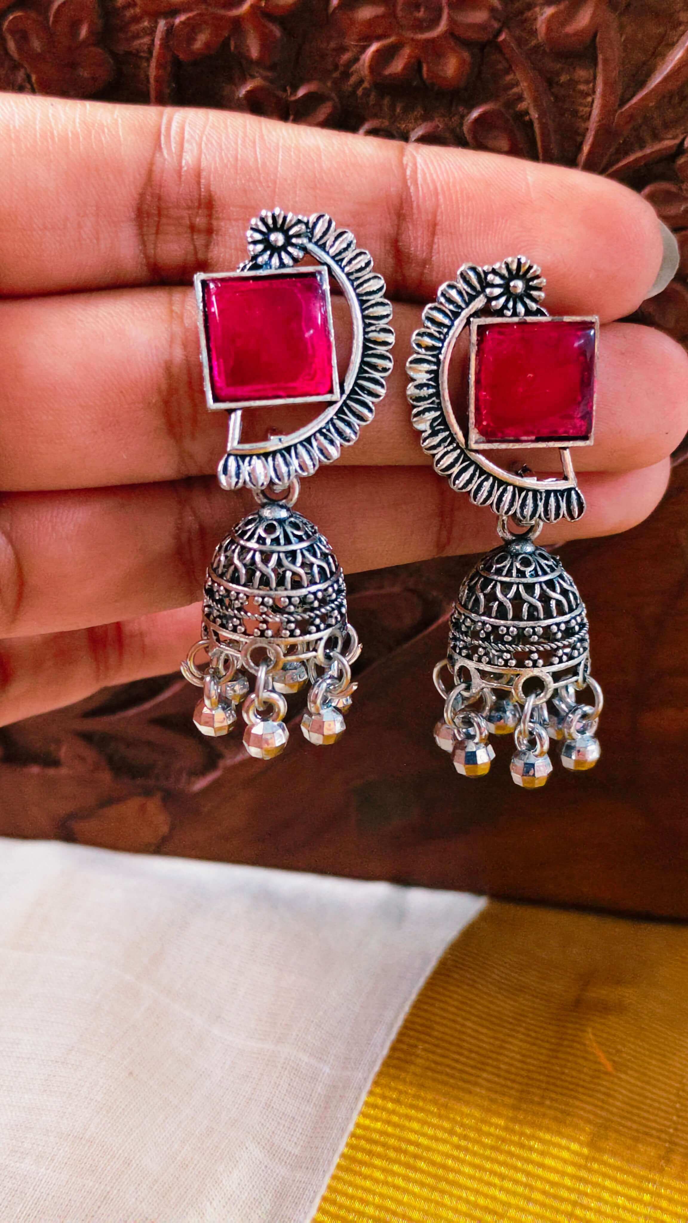 Noor Oxidised Ruby Pink Stone Jhumka Earrings | OXDE-11