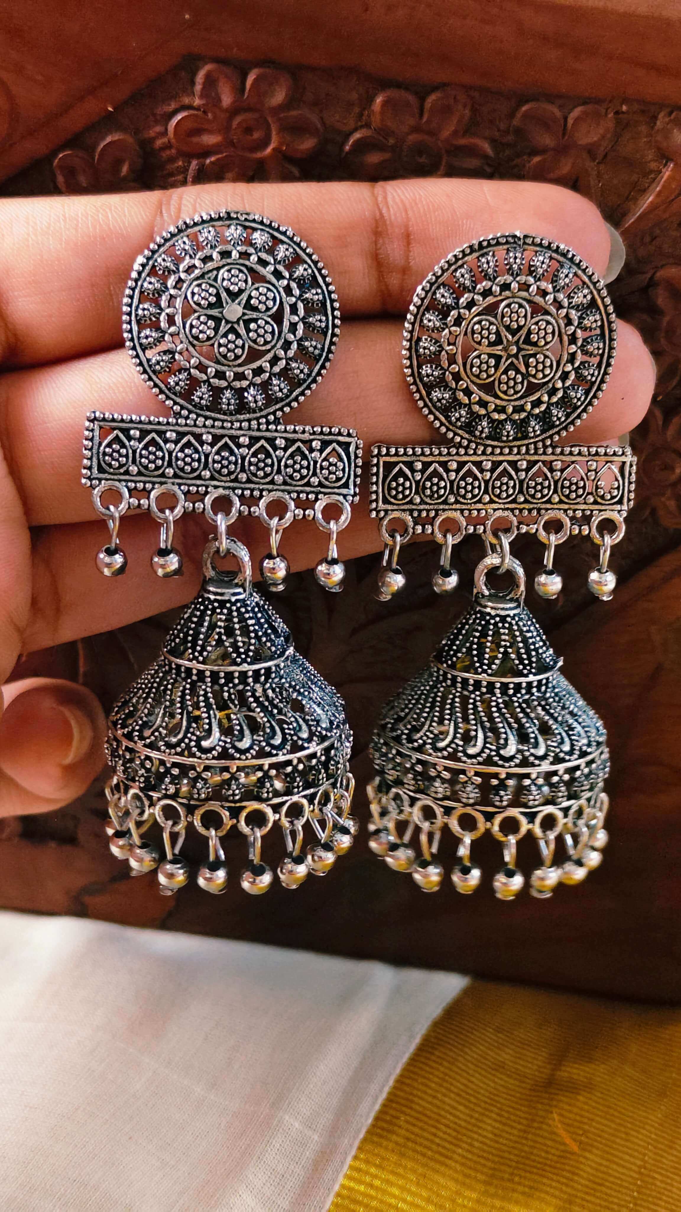 Rajwadi Bloom Oxidised Jhumka Earrings | OXDE-12