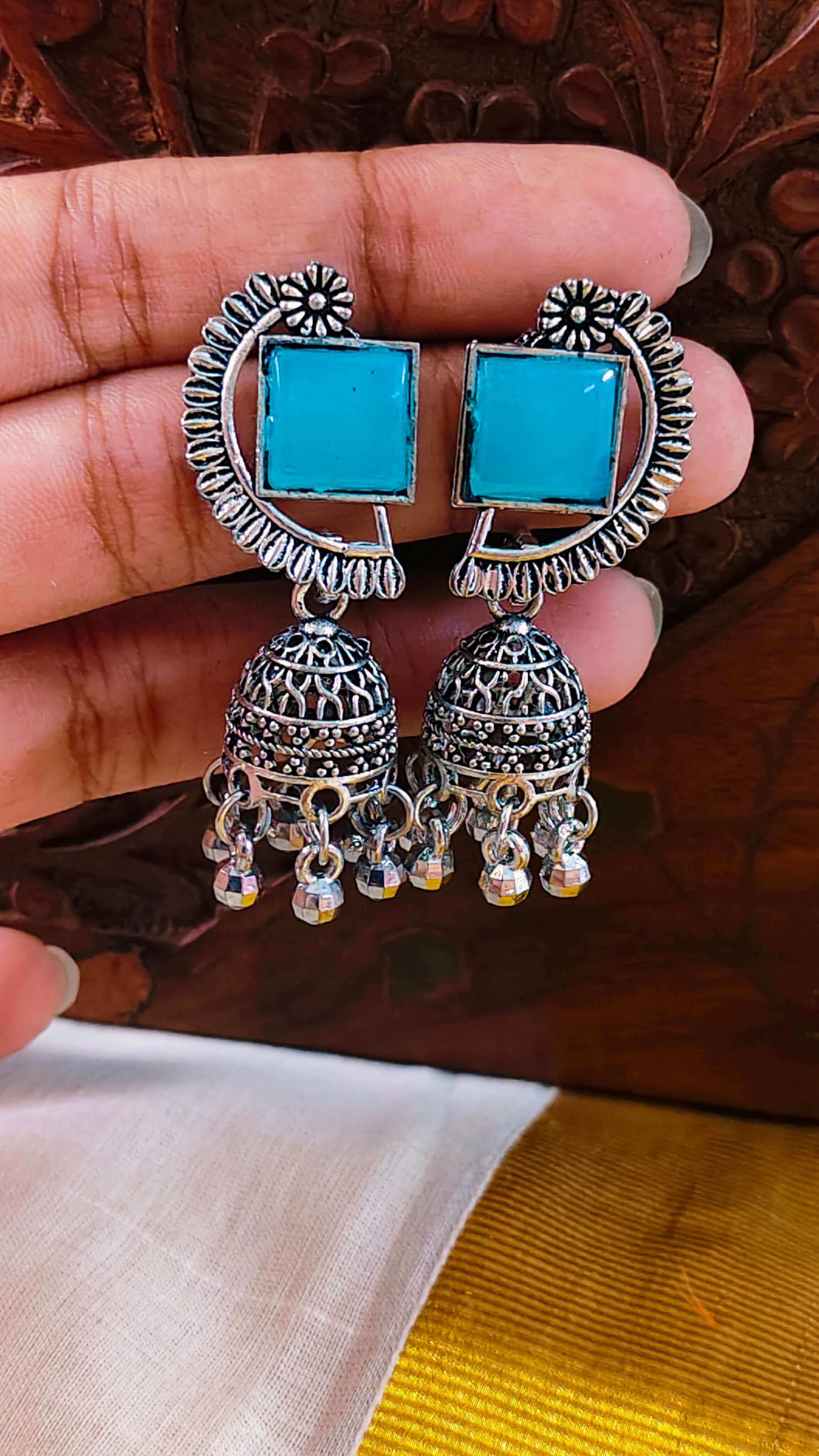 Azure Noor Oxidised Jhumka Earrings | OXDE-9