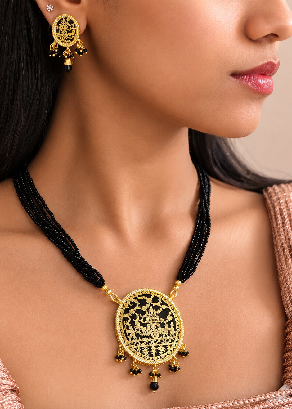 Aarohi Thewa Royale Necklace Set (Black , oval) | ADNK-09