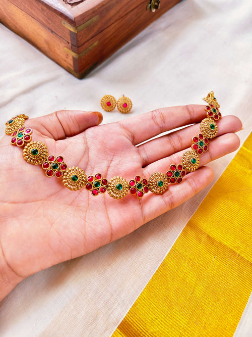 Ethnic Floral Motif Red and Green Stone Necklace | TRDNK-20