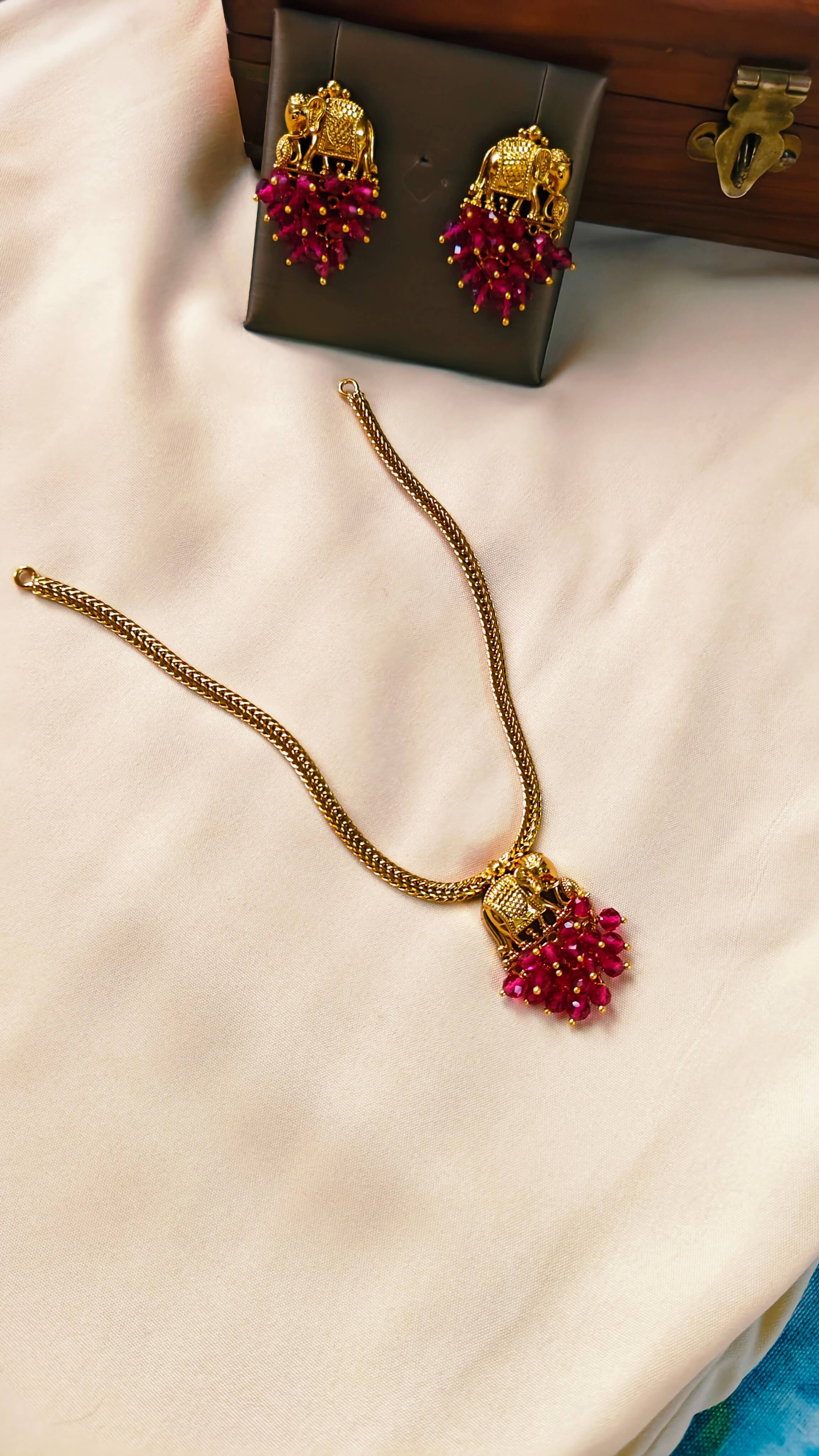 Gaja Lakshmi Ruby Beaded Pendant Set | TRDNK-60