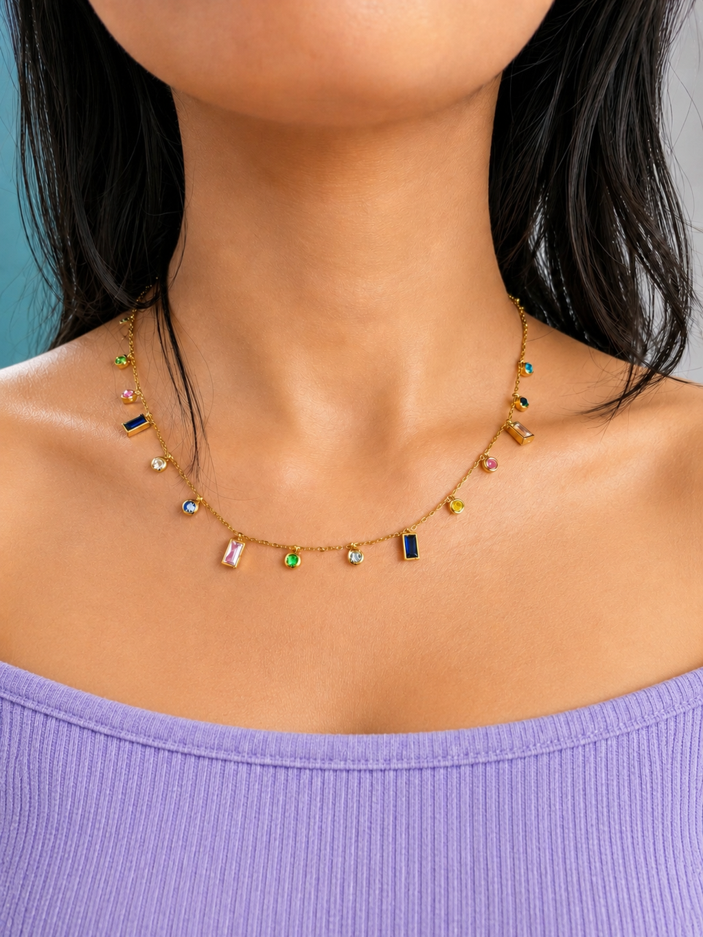 Multi Color Crystal Anti Tarnish Geometric Necklace | TRN1