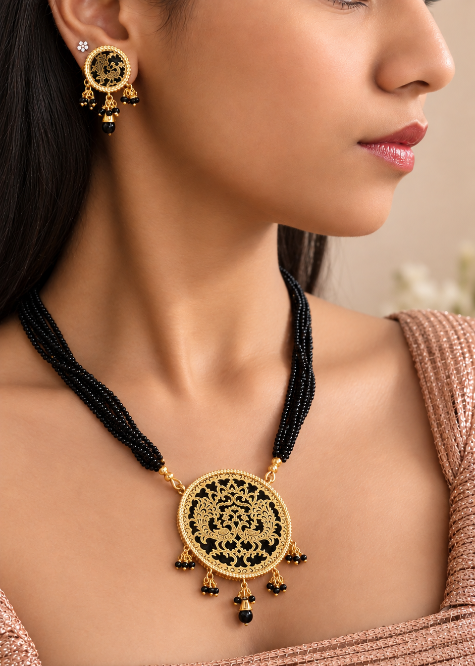 Aarohi Thewa Royale Necklace Set (Black , Round) | ADNK-08