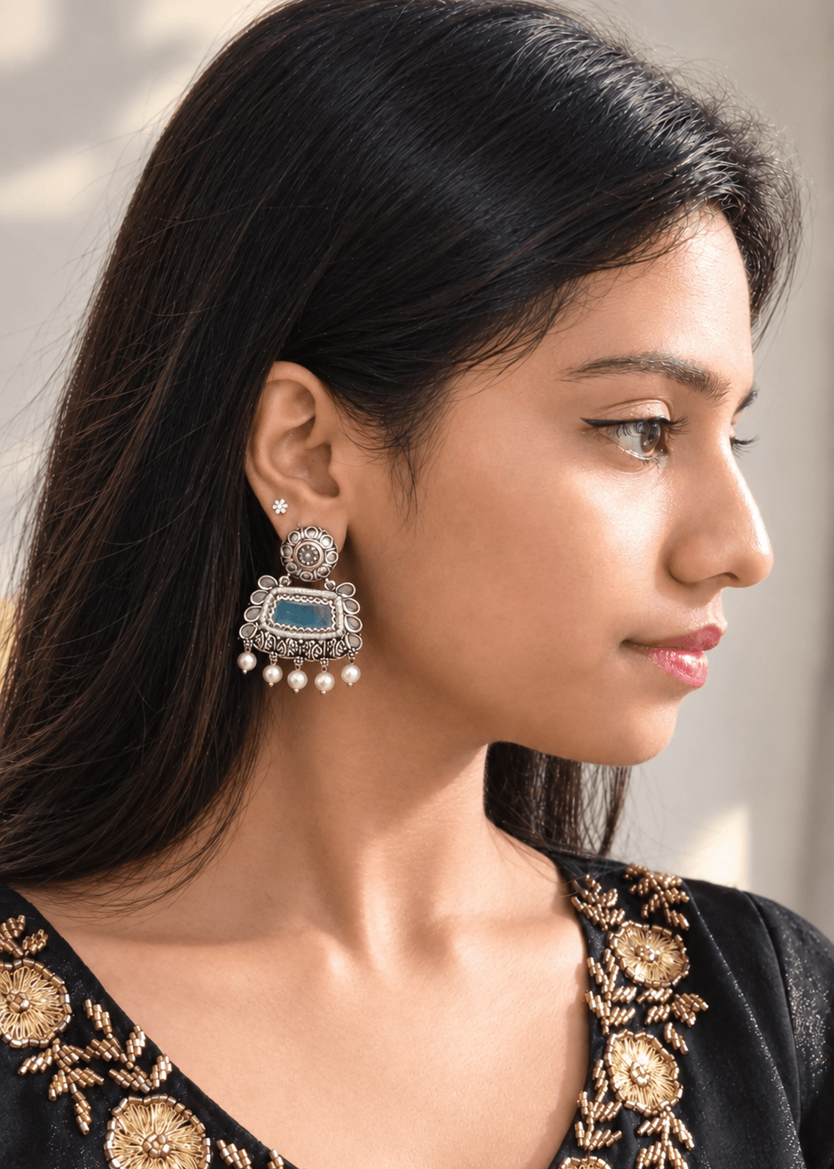 Ziya Oxidised Pearl Chandeliers (Blue)| OXDE-27