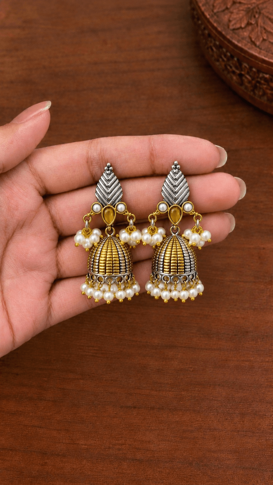 Antique Gold & Oxidised Silver Pearl Jhumkas | OXDE-20