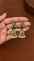 Antique Gold & Oxidised Silver Pearl Jhumkas | OXDE-20