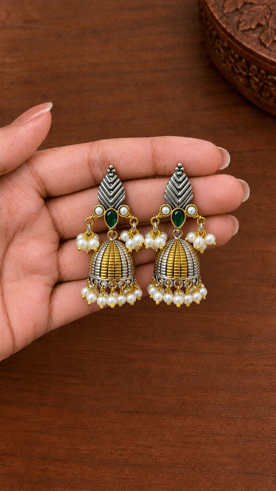 Antique Gold & Oxidised Silver Pearl Jhumkas | OXDE-20