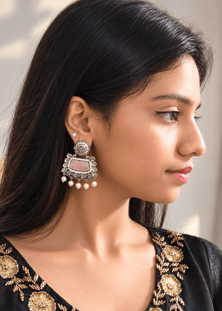 Ziya Oxidised Pearl Chandeliers (Light Pink)| OXDE-28