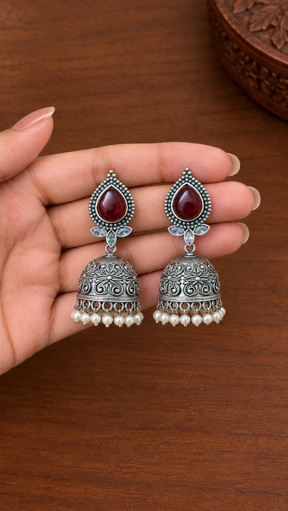 Royal Teardrop Stone Oxidised Jhumkas | OXDE-16 (2 colours)