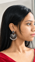 Floral Antique Brass Chandbali Earrings (Light Blue) | OXDE-23