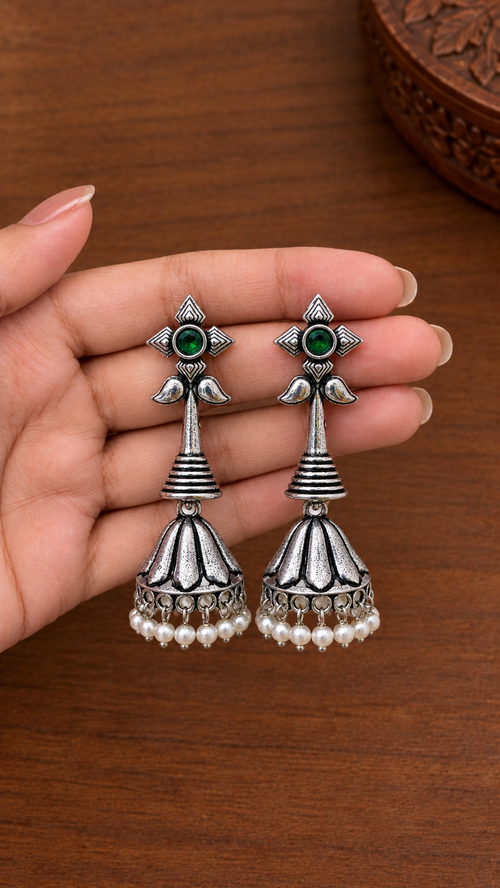Antique Oxidised Silver Floral Jhumka with Pearl Drops | OXDE-17 (2 colours)