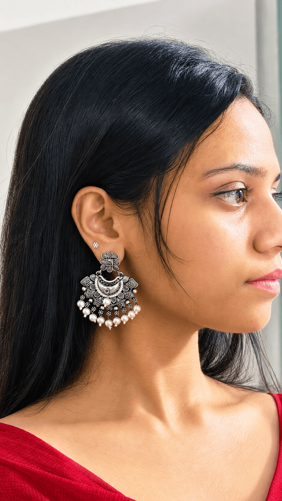 Floral Antique Brass Chandbali Earrings (White) | OXDE-22